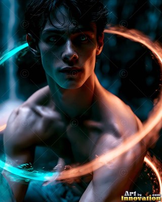Dark messy hair falls over the pale face of a bare-chested man encircled by rings of blue and golden light on black