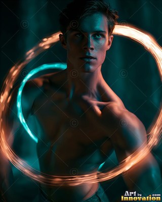 A shirtless young man stands still inside a wide loop of bright gold light