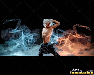 Standing shirtless in dark smoke, a man poses between blue and orange light ribbons
