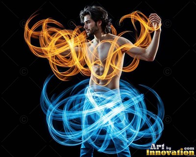 A shirtless man stands surrounded by swirling loops of orange and bright blue light