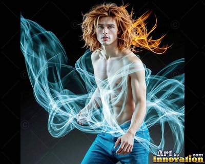 In a dark space, a man with no shirt in jeans is surrounded by swirling blue light trails