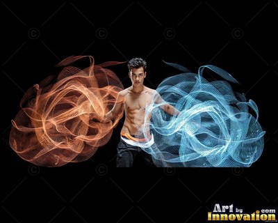 Standing still, a bare-chested man holds swirling orange and blue loops of light around his hands