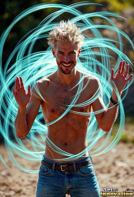 Smiling shirtless man surrounded by blue light swirls