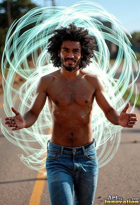 Thick dark curls frame a bare-chested man on a paved road, ringed by loops of pale light