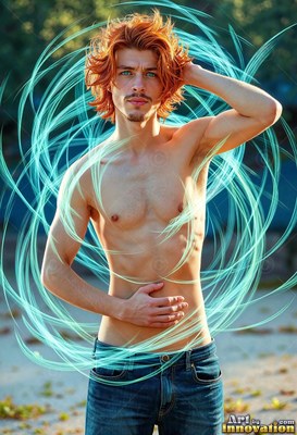 A man with no shirt stands outdoors circled by loops of bright cyan loops of light