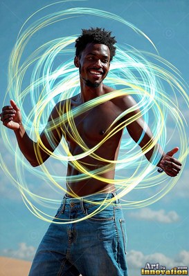 Smiling with arms out under an open blue sky, a bare-chested man is encircled by bright ribbons of light