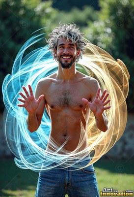 A smiling man with a bare chest stands outside inside loops of blue and loops of yellow light