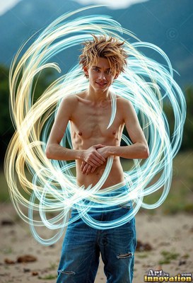 In an open field, a shirtless young man stands inside loops of pale blue light