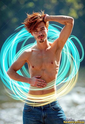 Posing outdoors, a man with no shirt stands circled by spinning light trails of cyan and yellow