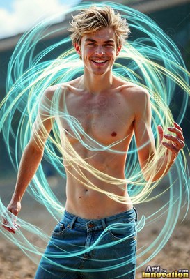 Smiling man with a bare chest circled by loops of light