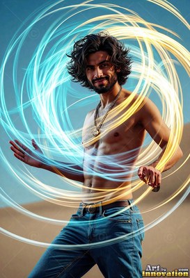 Bare-chested man in blue jeans stands in a sandy desert encircled by swirl of ribbons of light
