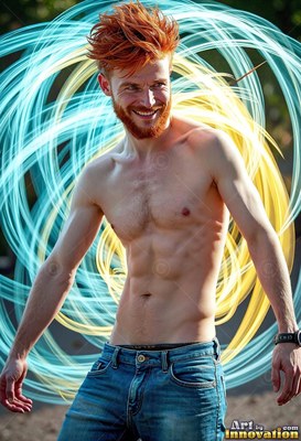 A red-haired man smiles shirtless in front of swirling circles of blue and bright yellow light