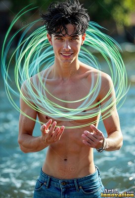 Facing forward by the water, a man without a shirt holds loops of green light