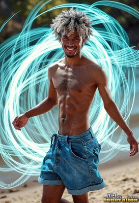 A shirtless smiling man in blue shorts stands framed by swirling light trails