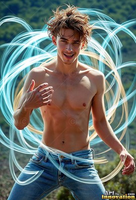 On a sunny hillside, a man without a shirt stands inside swirling loops of bright blue light