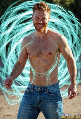 Smiling outdoors, a shirtless red-haired man stands inside swirls of bright turquoise light