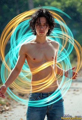Messy dark hair frames a bare-chested man outdoors, circled by streaks of yellow and cyan light
