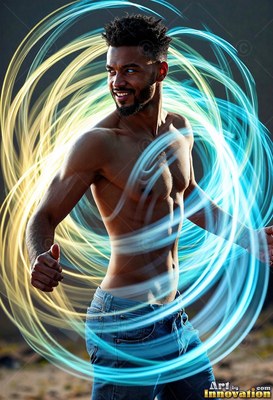 A smiling man without a shirt turns as bright loops of blue and yellow light curl around him