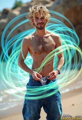 A bare-chested man in baggy jeans stands on a beach circled by loops of teal light