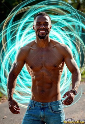 Outdoors, a smiling man with a bare chest stands before swirling bright blue light ribbons