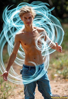 Standing shirtless outdoors, a blond man poses inside swirling rings of pale blue light