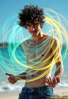 Shirtless man on a beach inside loops of blue and bright yellow light