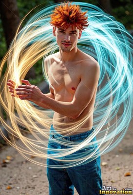 Spiky red hair tops a shirtless man on a wooded path, looped in rings of blue and gold light
