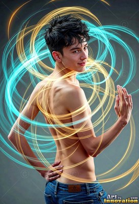 A young man poses shirtless with one hand on his hip, encircled by bright yellow and cyan light rings