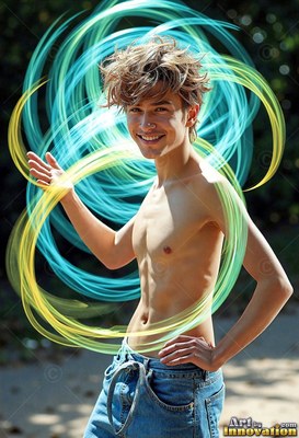 A smiling shirtless man stands outside wrapped in loops of blue and yellow light