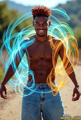 On a sunny dirt road, a shirtless smiling man stands framed by blue and orange light loops