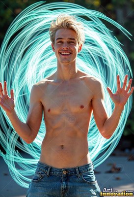 Smiling with raised hands, a young man with a bare chest stands inside light rings