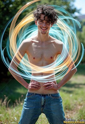 Man with no shirt standing with swirls of blue and gold trails of light