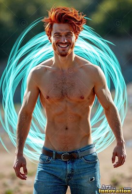 Windblown red hair frames a smiling, man without a shirt standing outdoors before bright blue light loops