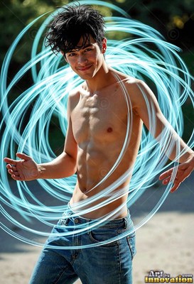 A bare-chested young man stands smiling outdoors inside wide loops of bright blue light