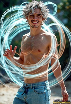 Facing forward outdoors, a smiling man with no shirt is encircled by blue ribbons of light