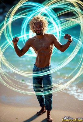 A shirtless man on a sunny beach stands inside swirling loops of bright blue light