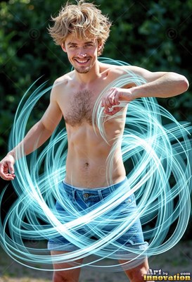 Smiling outdoors, a man with a bare chest in denim shorts stands circled by pale bright blue light loops