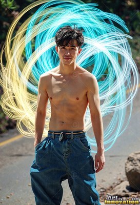 A man with a bare chest standing before swirling bright blue light arcs