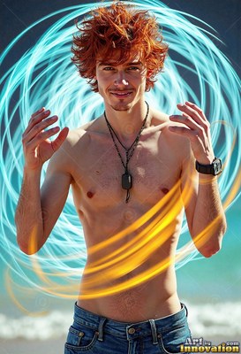 Messy red hair tops a man with no shirt on a beach wrapped in swirls of blue and yellow light