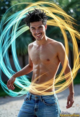 A man without a shirt smiles while curved bands of blue and gold trails of light circle around his body