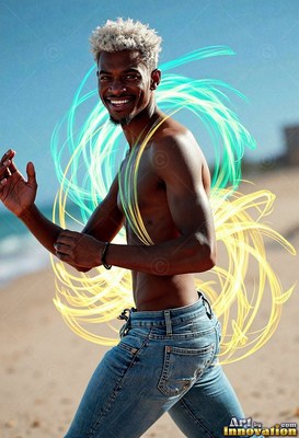 Standing in profile on a beach, a bare-chested man is circled by teal and streaks of yellow light ribbons