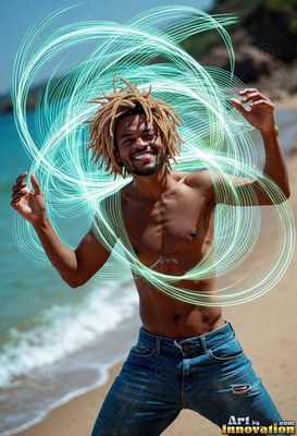 A smiling man on a sunny beach circled by swirls of pale green light