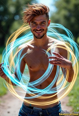 On a dirt path, a shirtless smiling man is circled by swirls of blue and gold light