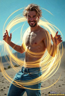 Smiling outdoors, a man with a bare chest in blue jeans is encircled by streaks of yellow light rings