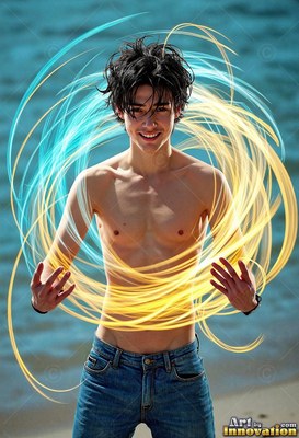 A shirtless smiling man encircled by blue and streaks of yellow light rings