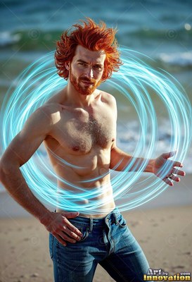 Red hair wild in the wind, a shirtless man in jeans poses on a beach circled by bright blue rings of light