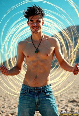 A shirtless man holds his position standing smiling in the desert with loops of bright yellow light behind him