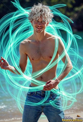 Standing shirtless on a beach, a smiling man is circled by bright cyan light loops