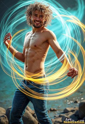 A smiling shirtless man in jeans encircled by loops of blue and bright yellow light