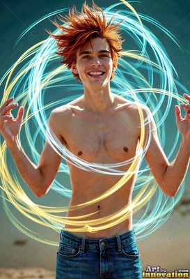 On a sunny beach, a shirtless young man smiles inside rings of bright blue light